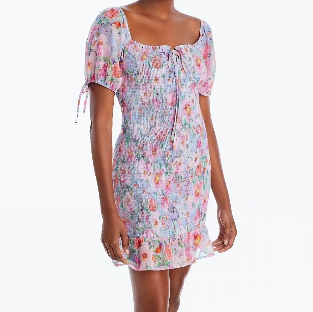 Lost + Wander Pastel Floral Smocked Mini Dress - Lavender Pink Multi
